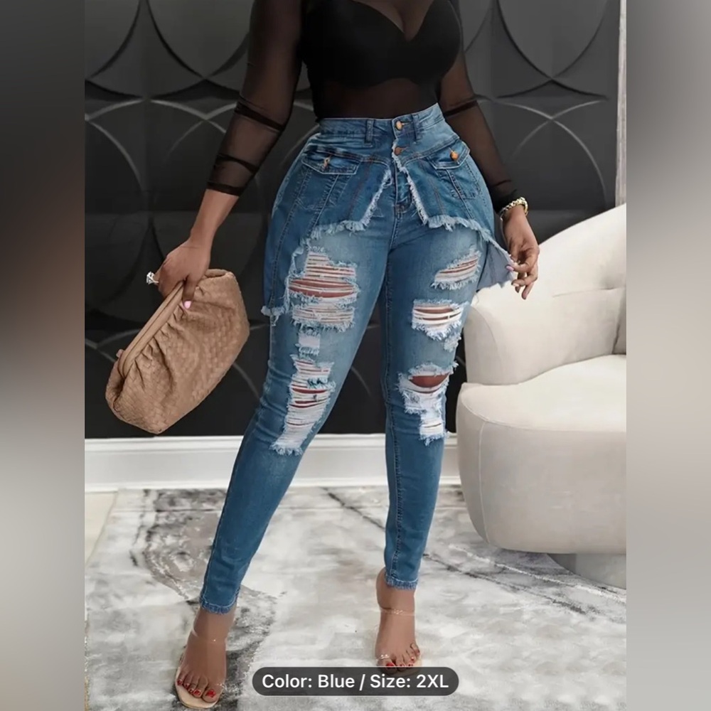 High-waisted, ripped, skinny blue jeans